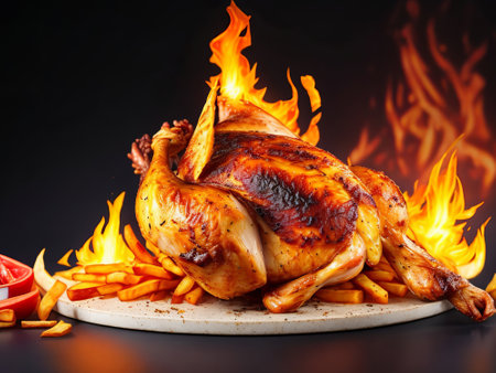 About Us 206864085 pollo asado con patatas fritas y ketchup sobre fondo negro